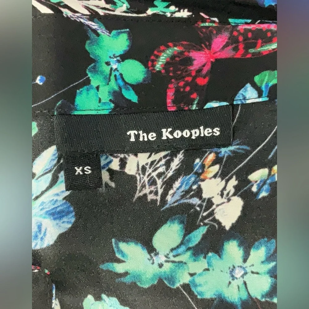 The Kooples Silk Black Floral Blouse with Teal, Blue & Pink Accents